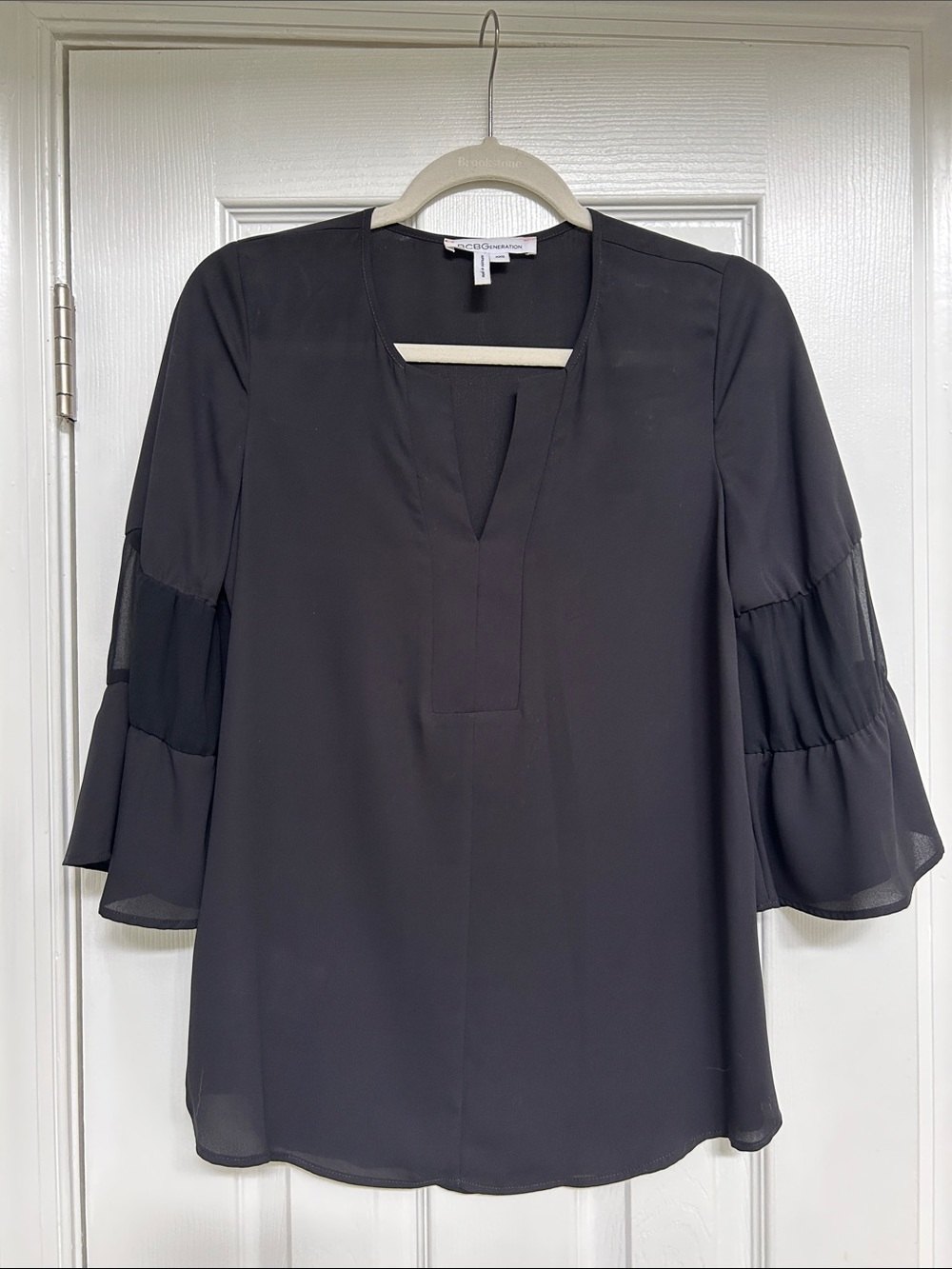 BCBGeneration Black V-Neck Blouse with Tiered Bell Sleeves